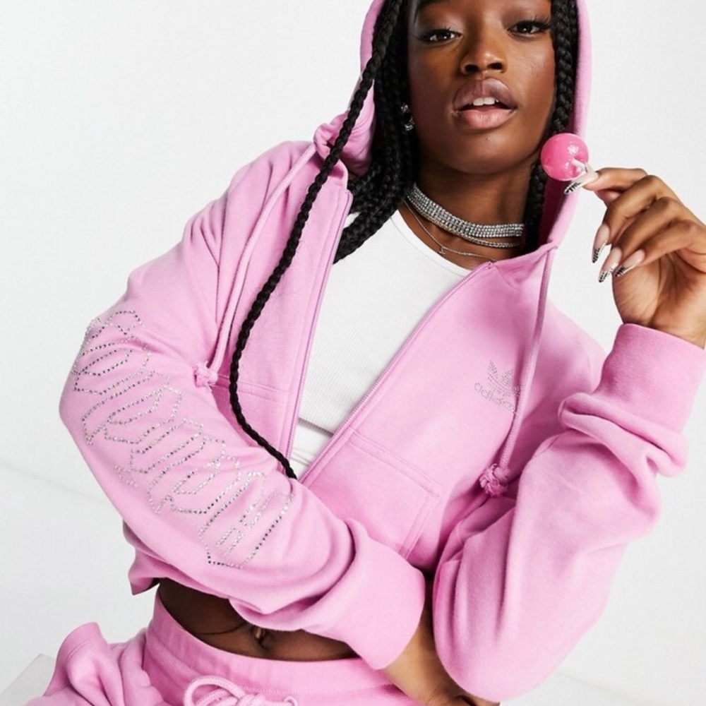 Adidas Pink Cropped Zip Up Hoodie with Rhinestones